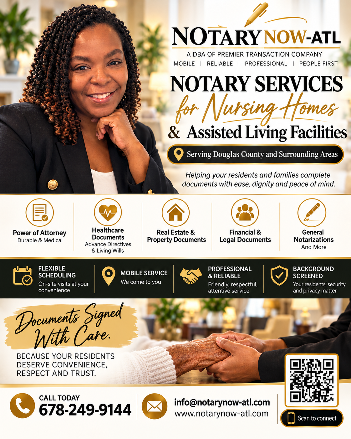 Facility flyer, NotaryNow ATL compassionate senior living notarization